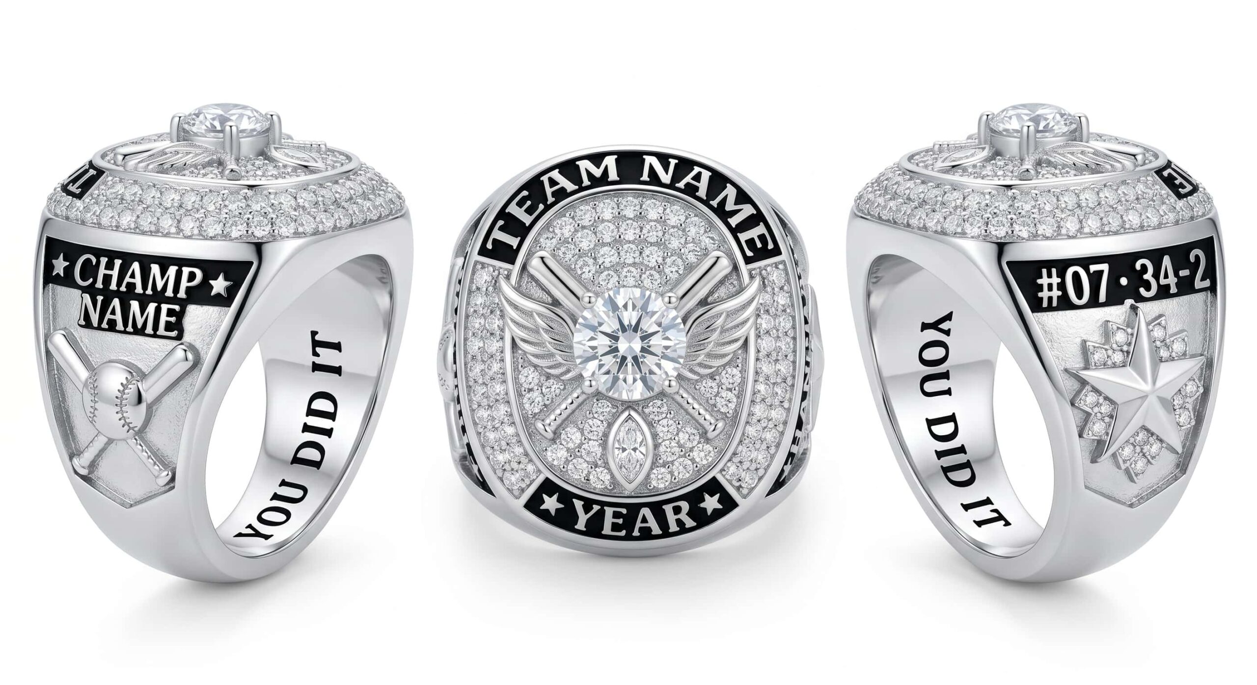 World Series Elite luxury softball championship ring moissanite ice blue 150 pave crystals three-panel view — ClassRingAI