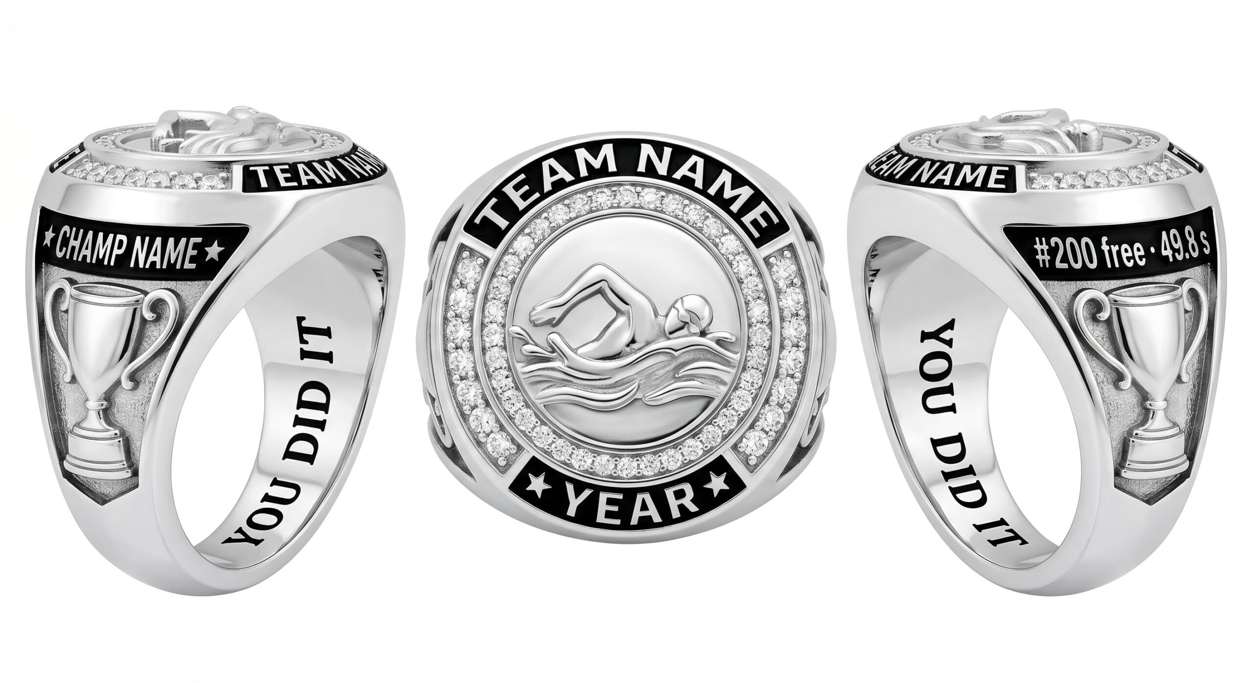 Lane King swimming championship ring 925 silver three-panel view — ClassRingAI