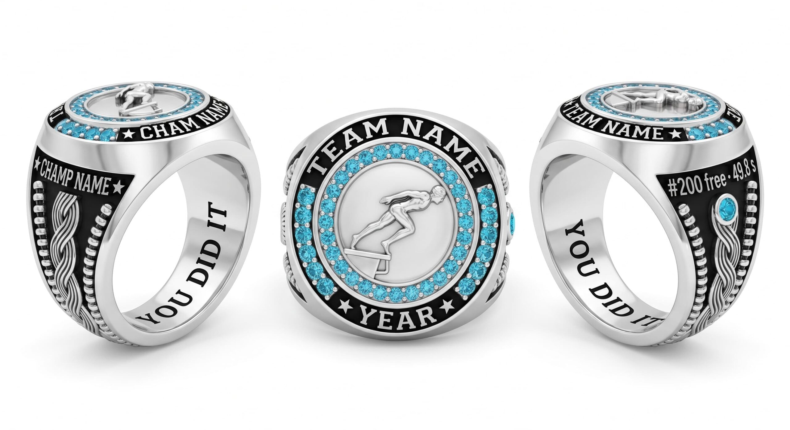 Freestyle Legend swimming championship ring shield bezel sapphire blue three-panel view — ClassRingAI