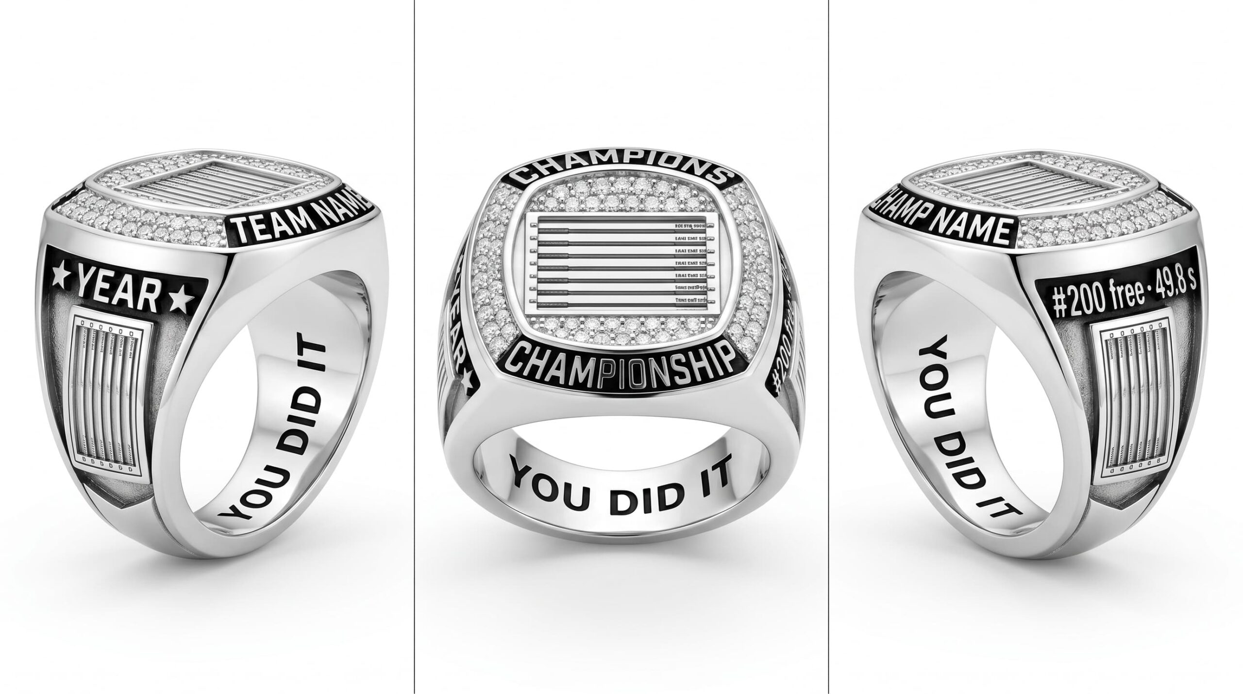 Nationals Elite swimming championship ring rink layout crystal pave three-panel view — ClassRingAI