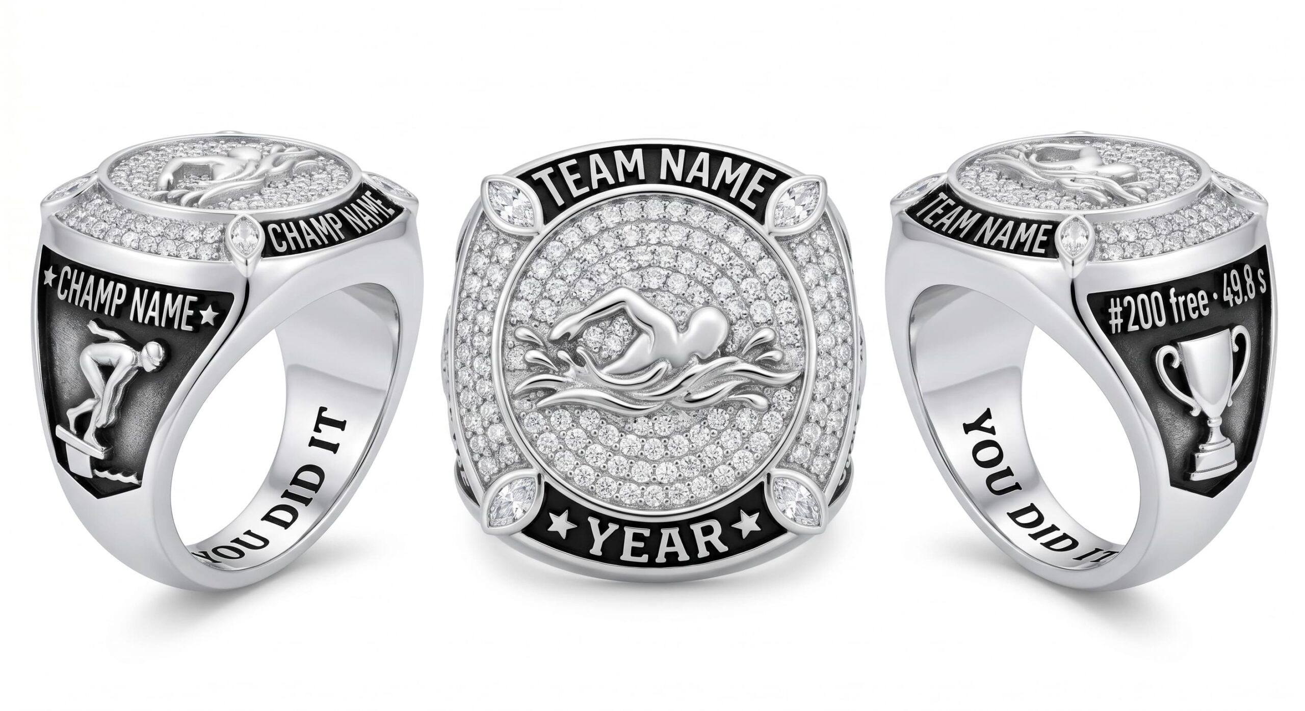 Personal Record swimming championship ring full pave white crystal three-panel view — ClassRingAI