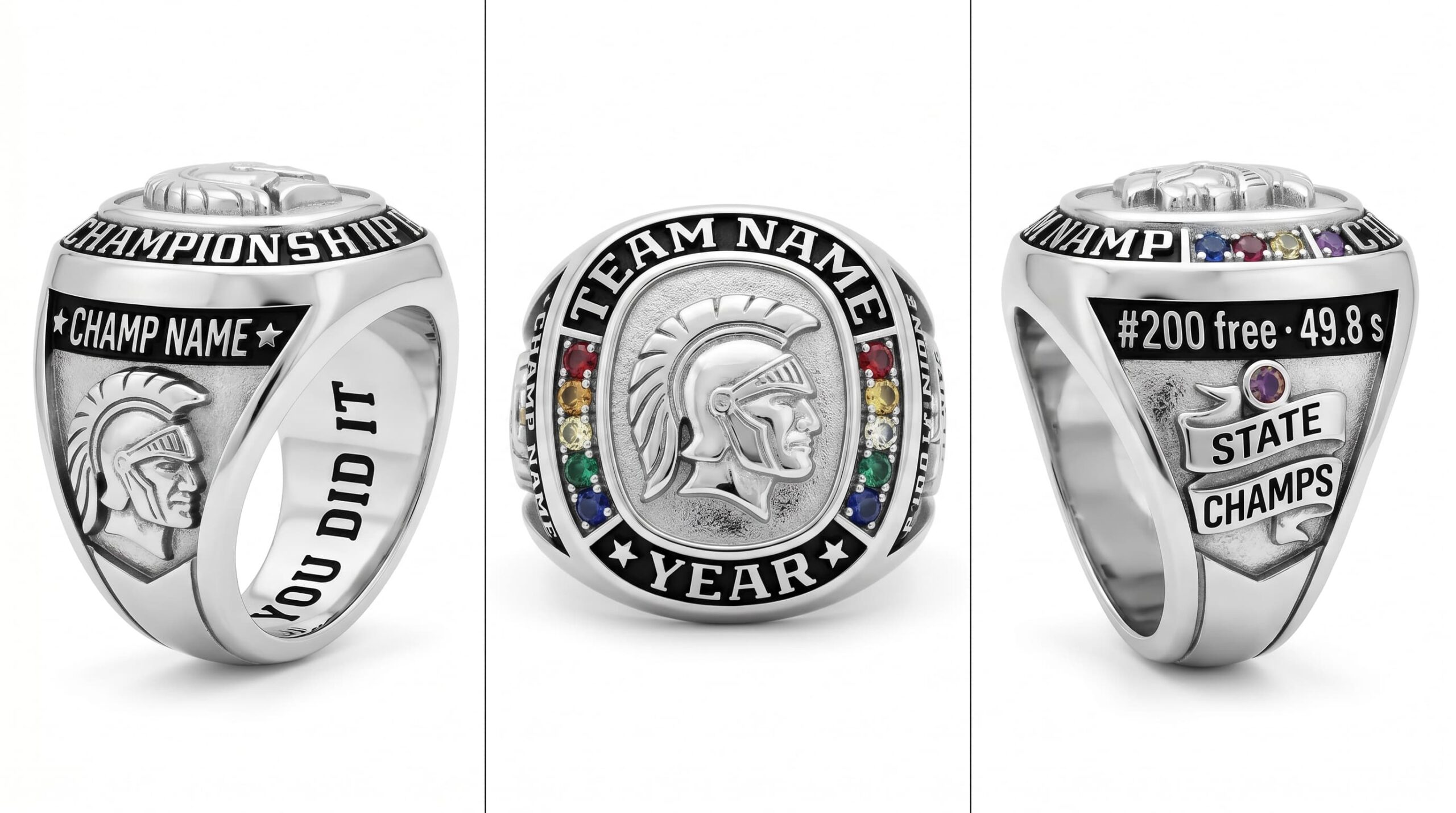 State Champion swimming championship ring mascot crest team colors three-panel view — ClassRingAI