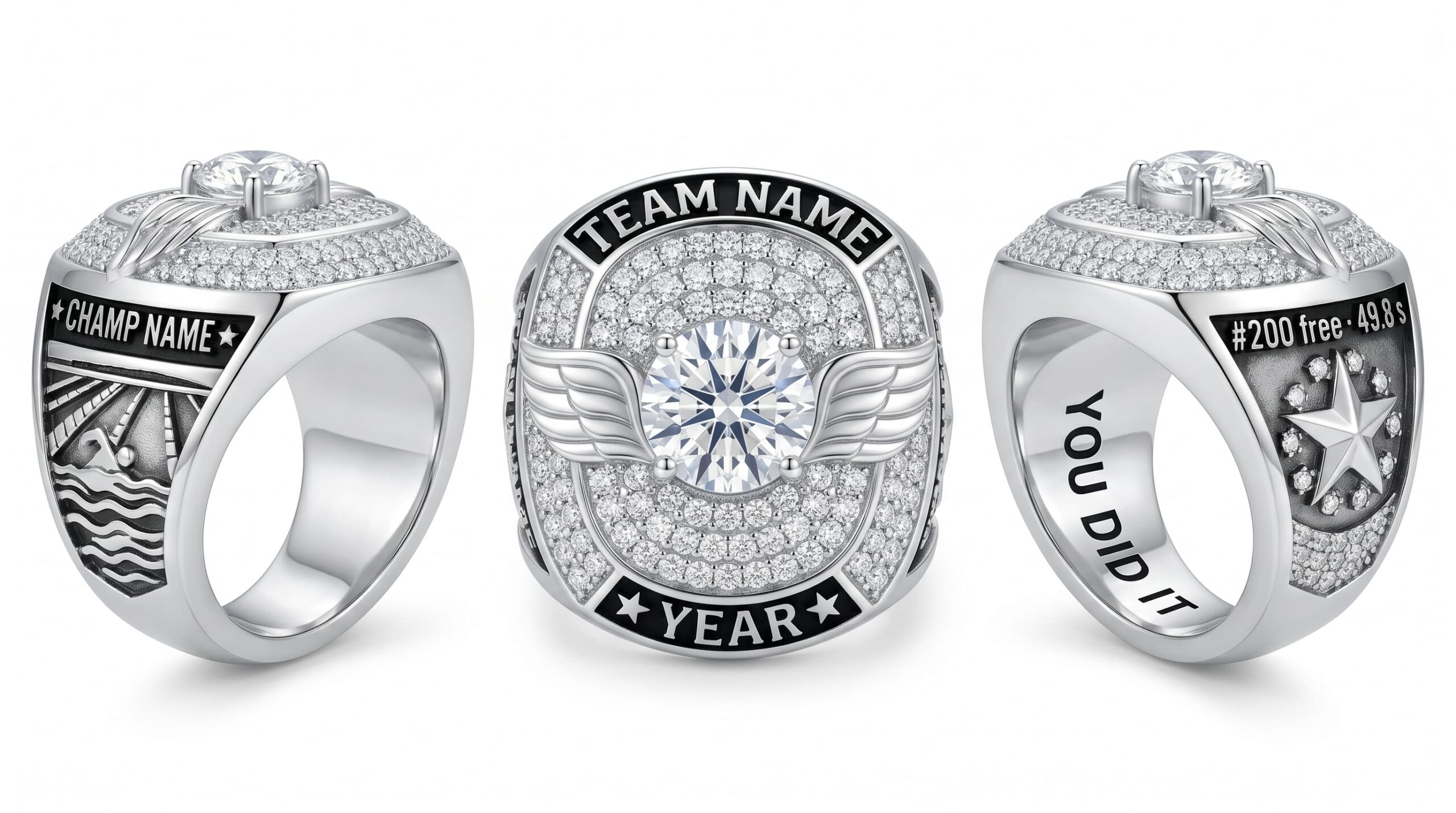 Olympic Wave luxury swimming championship ring moissanite ice blue 150 pave crystals three-panel view — ClassRingAI