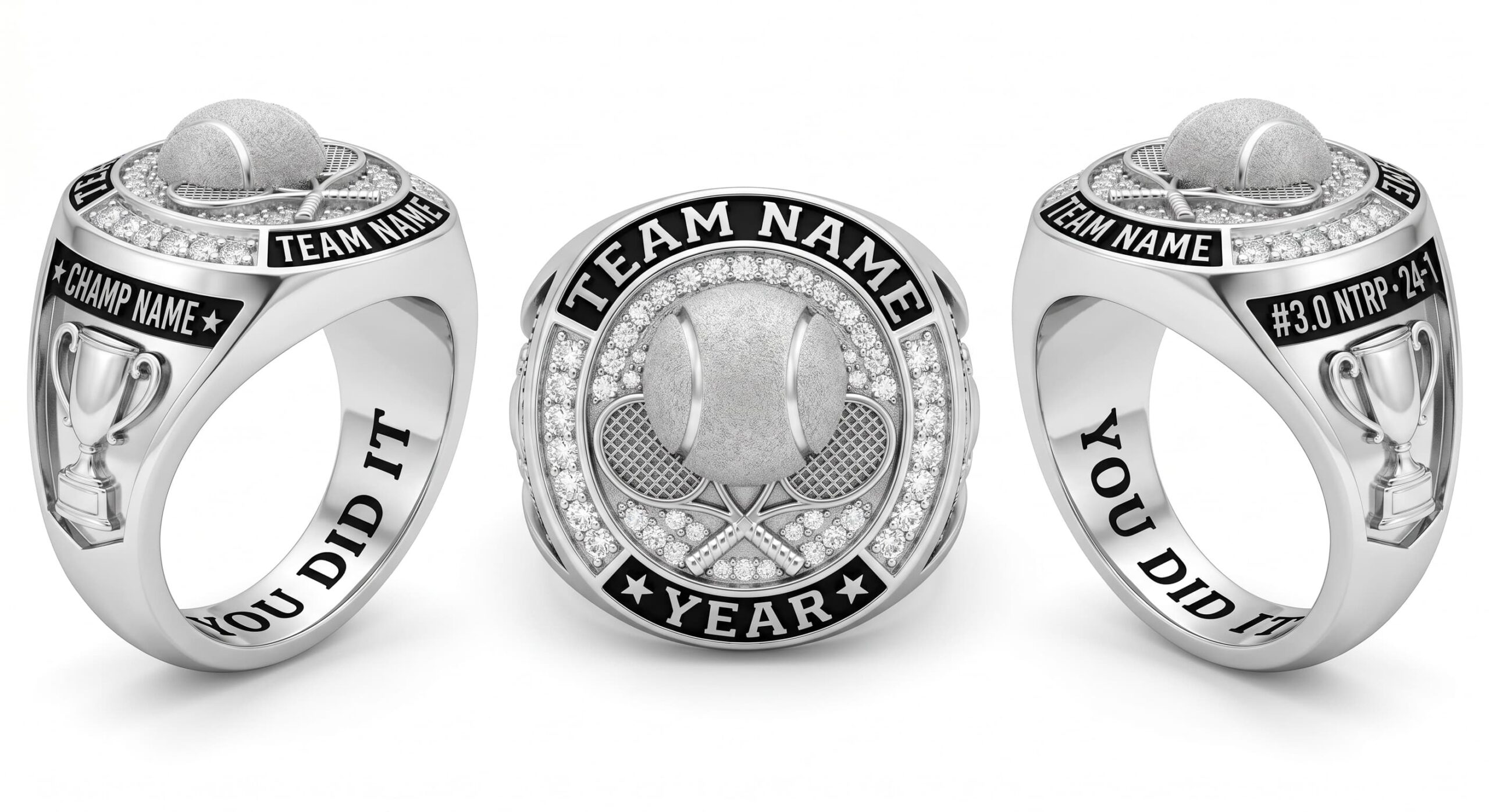 Ace King tennis championship ring 925 silver three-panel view — ClassRingAI