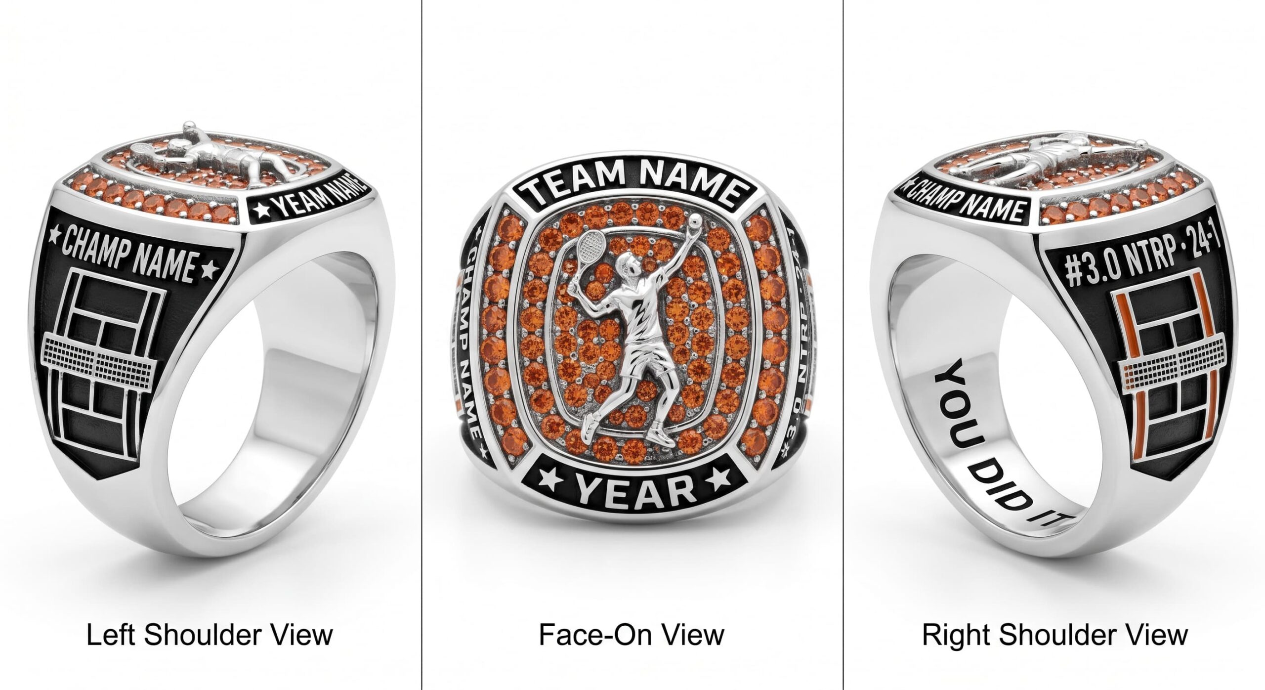 Match Point tennis championship ring shield bezel sapphire blue three-panel view — ClassRingAI