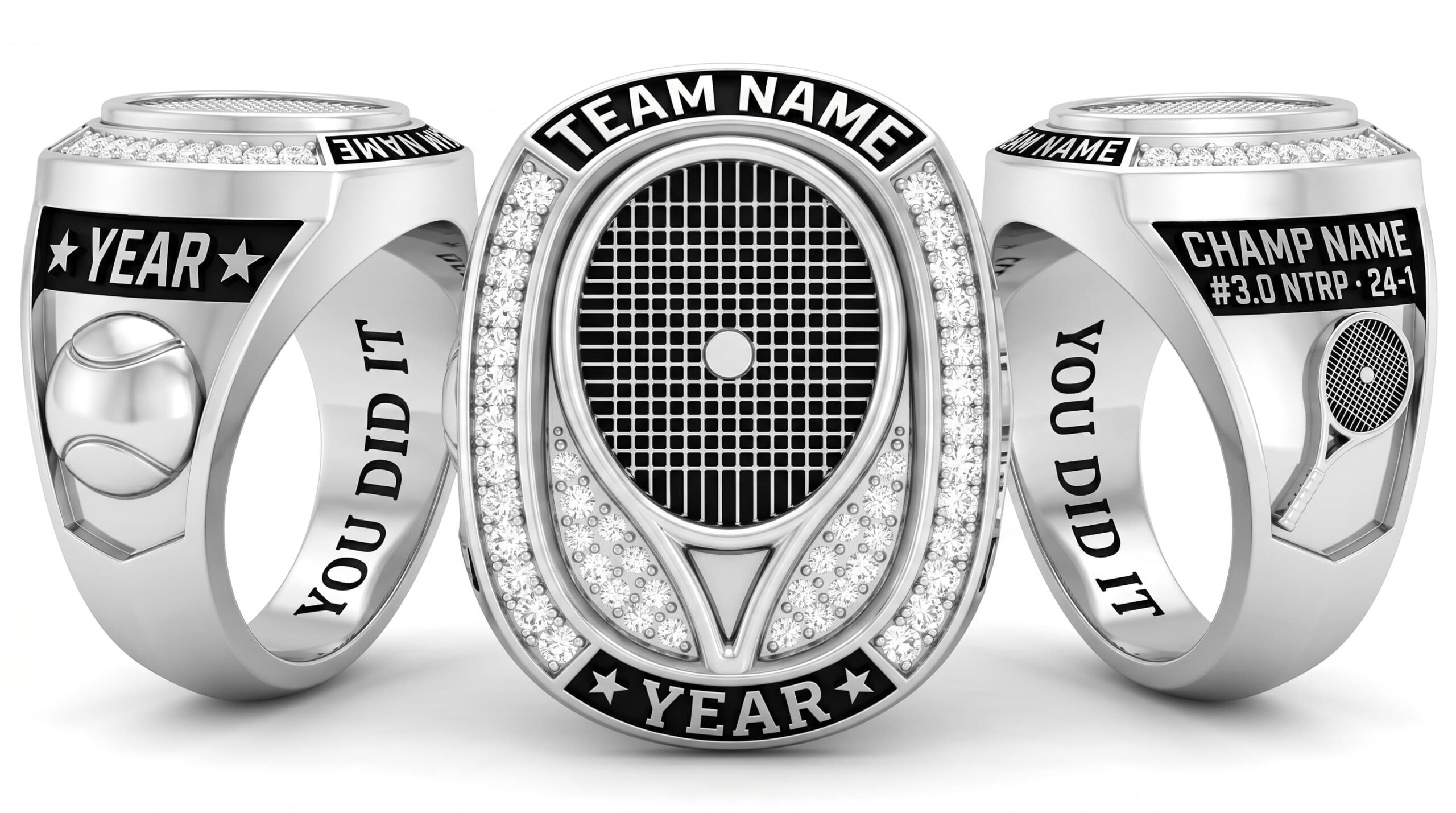 Deuce Legend tennis championship ring rink layout crystal pave three-panel view — ClassRingAI