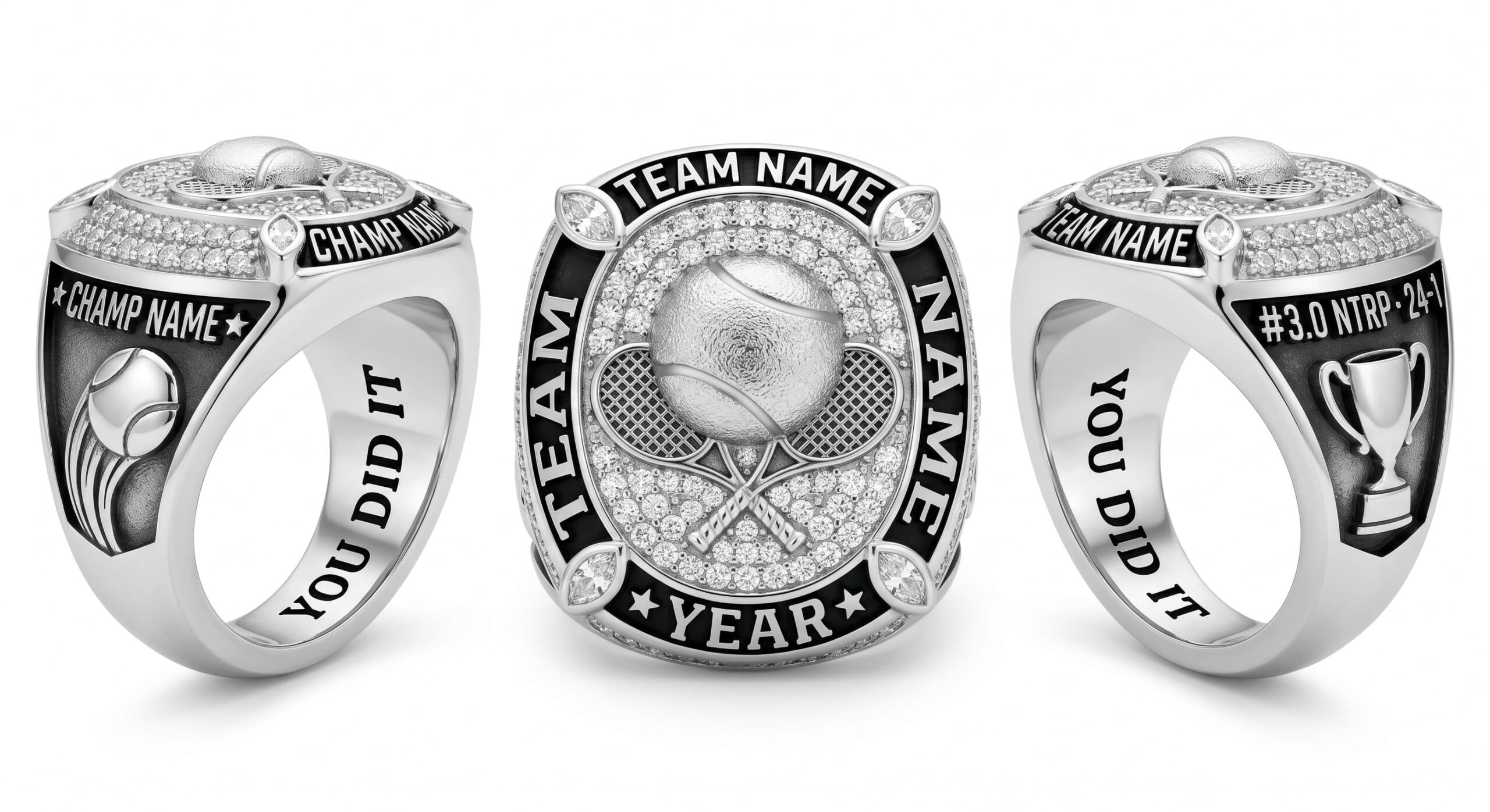 Net Master tennis championship ring full pave white crystal three-panel view — ClassRingAI
