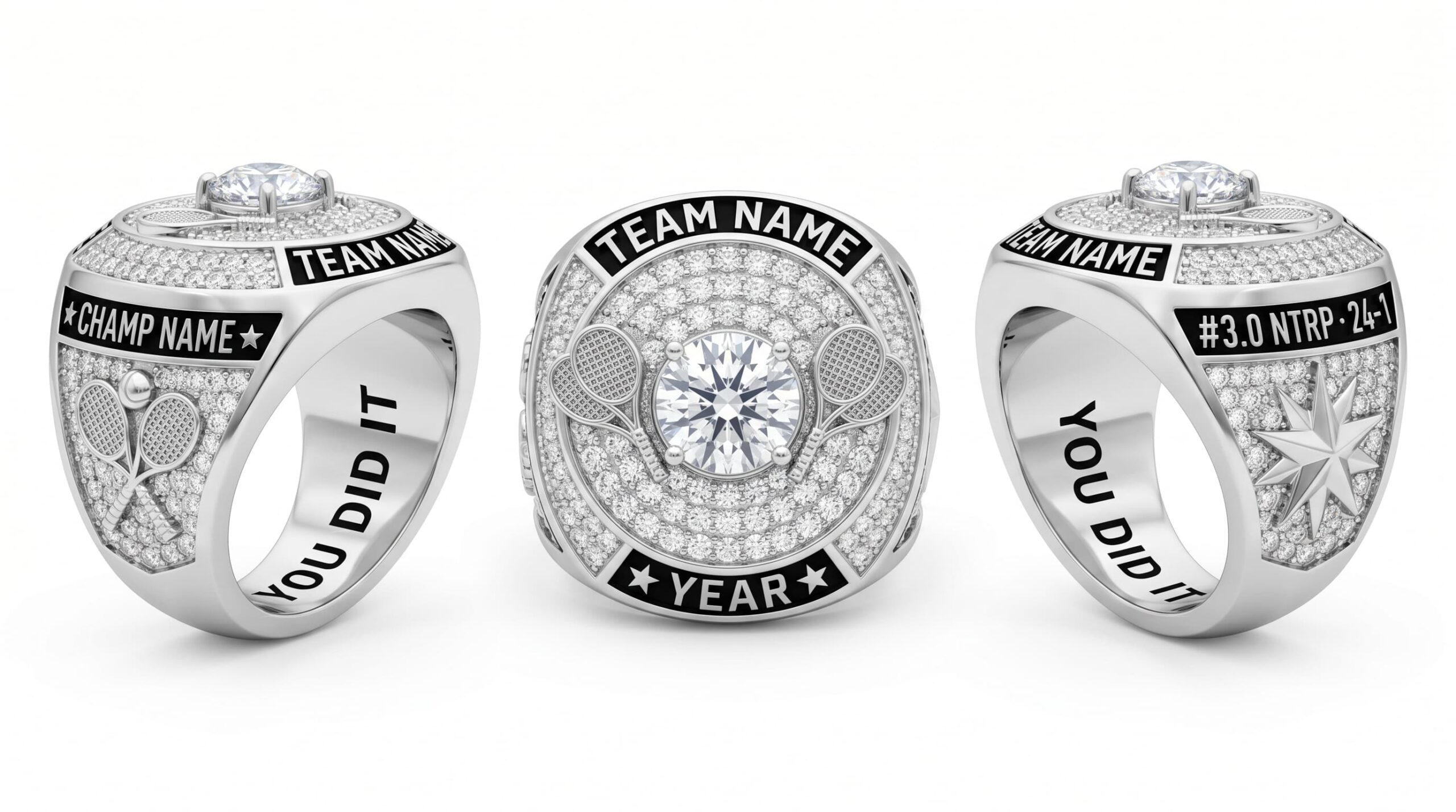 Championship Elite luxury tennis championship ring moissanite ice blue 150 pave crystals three-panel view — ClassRingAI