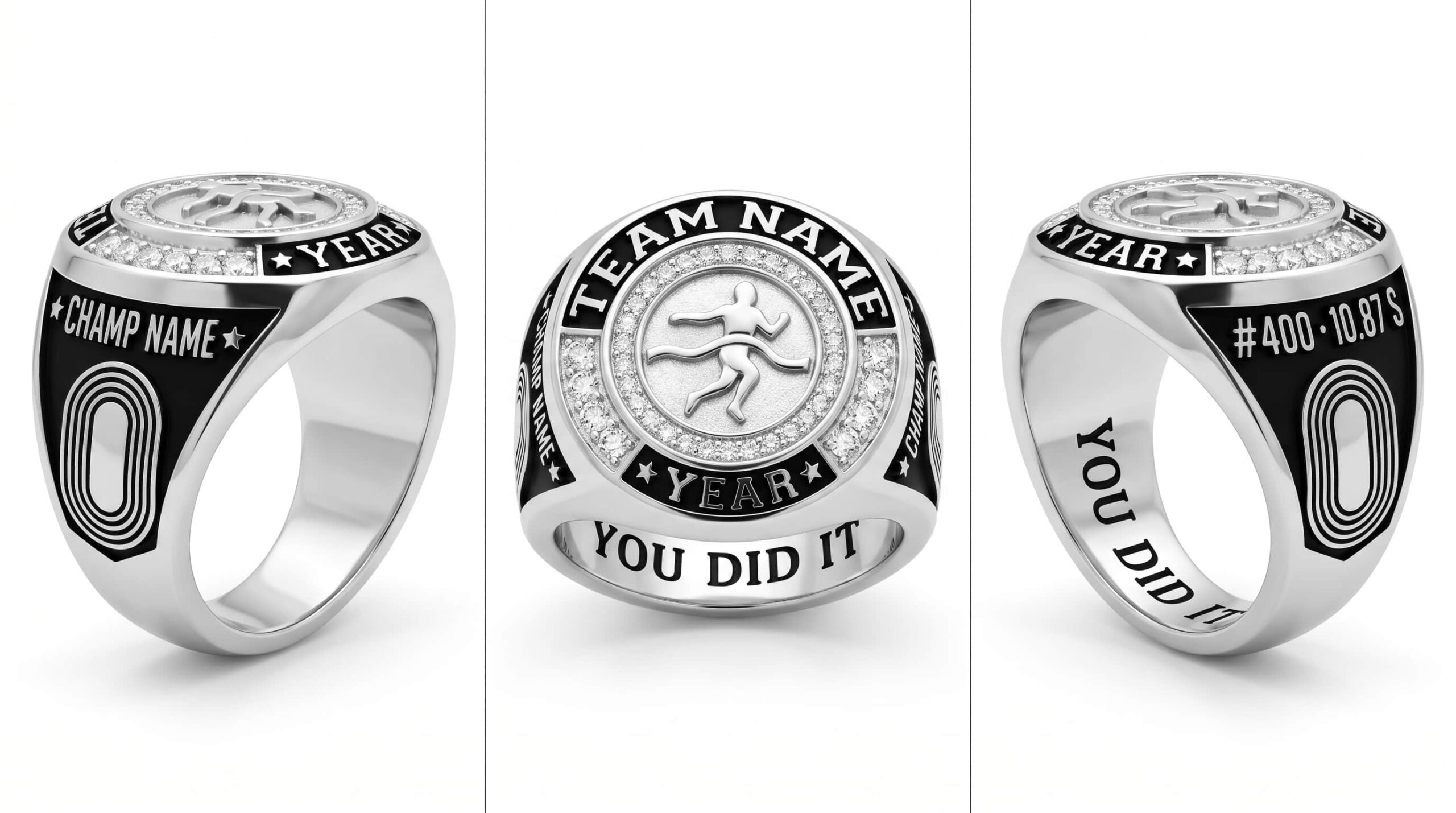 Sprint Crown track championship ring 925 silver three-panel view — ClassRingAI