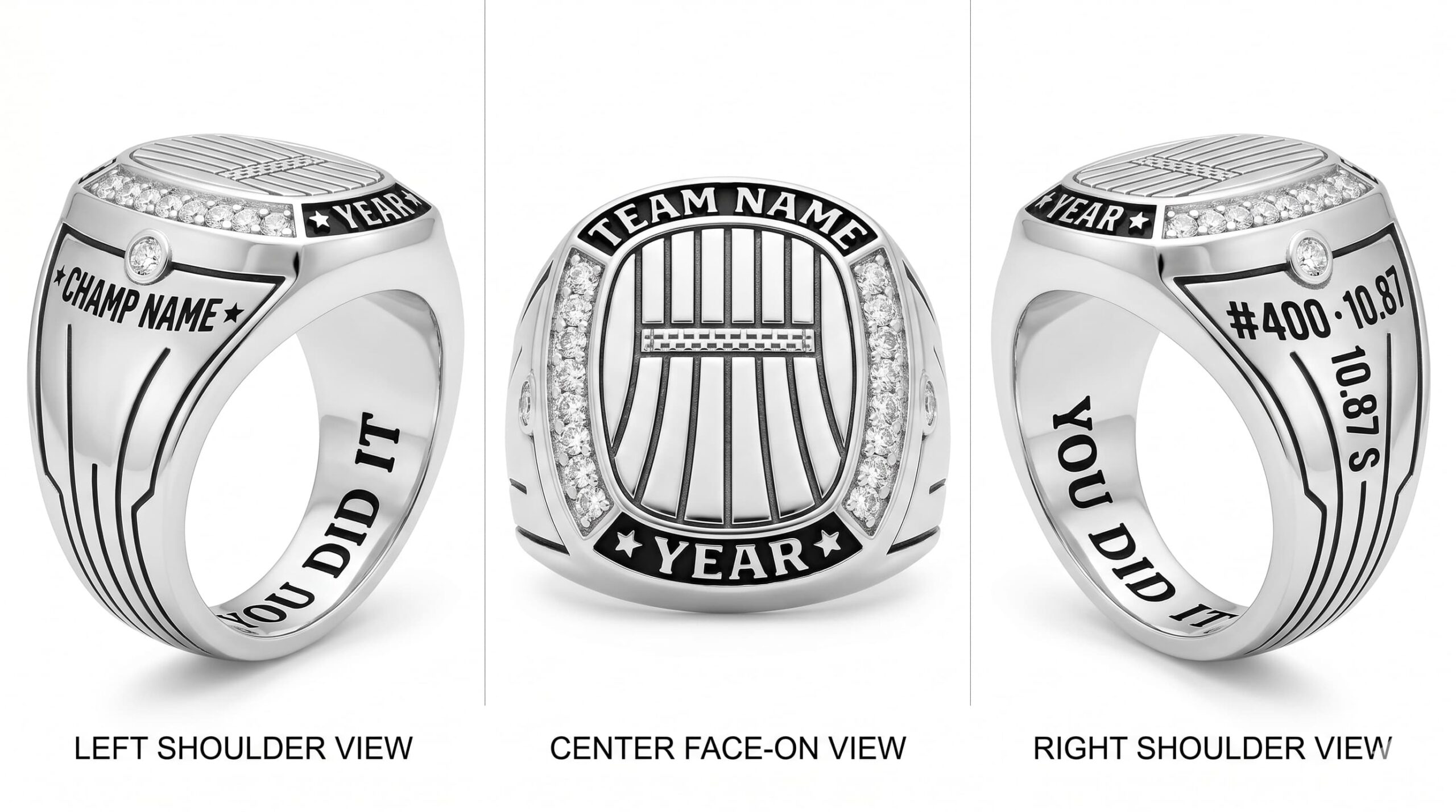 Golden Mile track championship ring shield bezel sapphire blue three-panel view — ClassRingAI