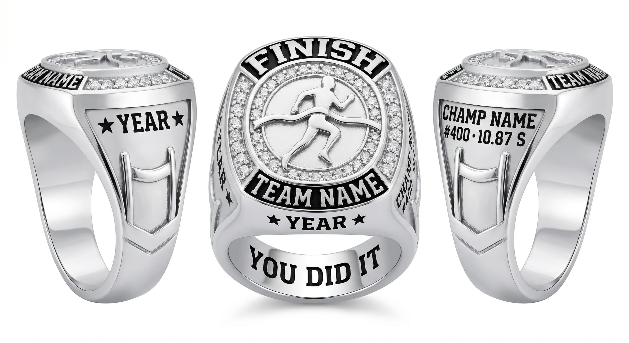 Hurdle Elite track championship ring rink layout crystal pave three-panel view — ClassRingAI