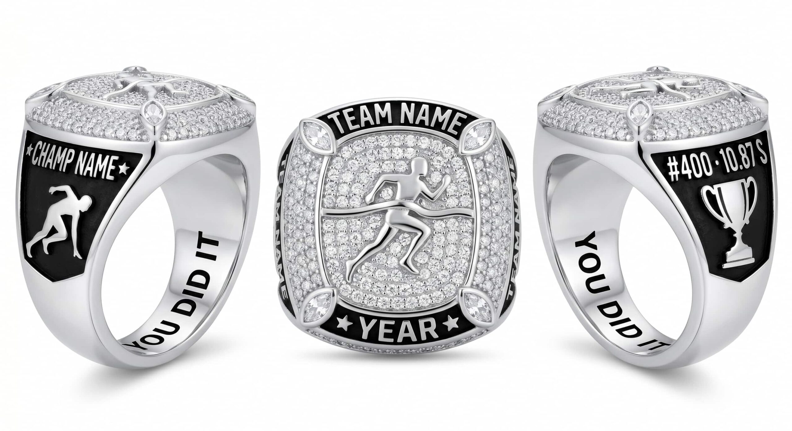 Field Event King track championship ring full pave white crystal three-panel view — ClassRingAI