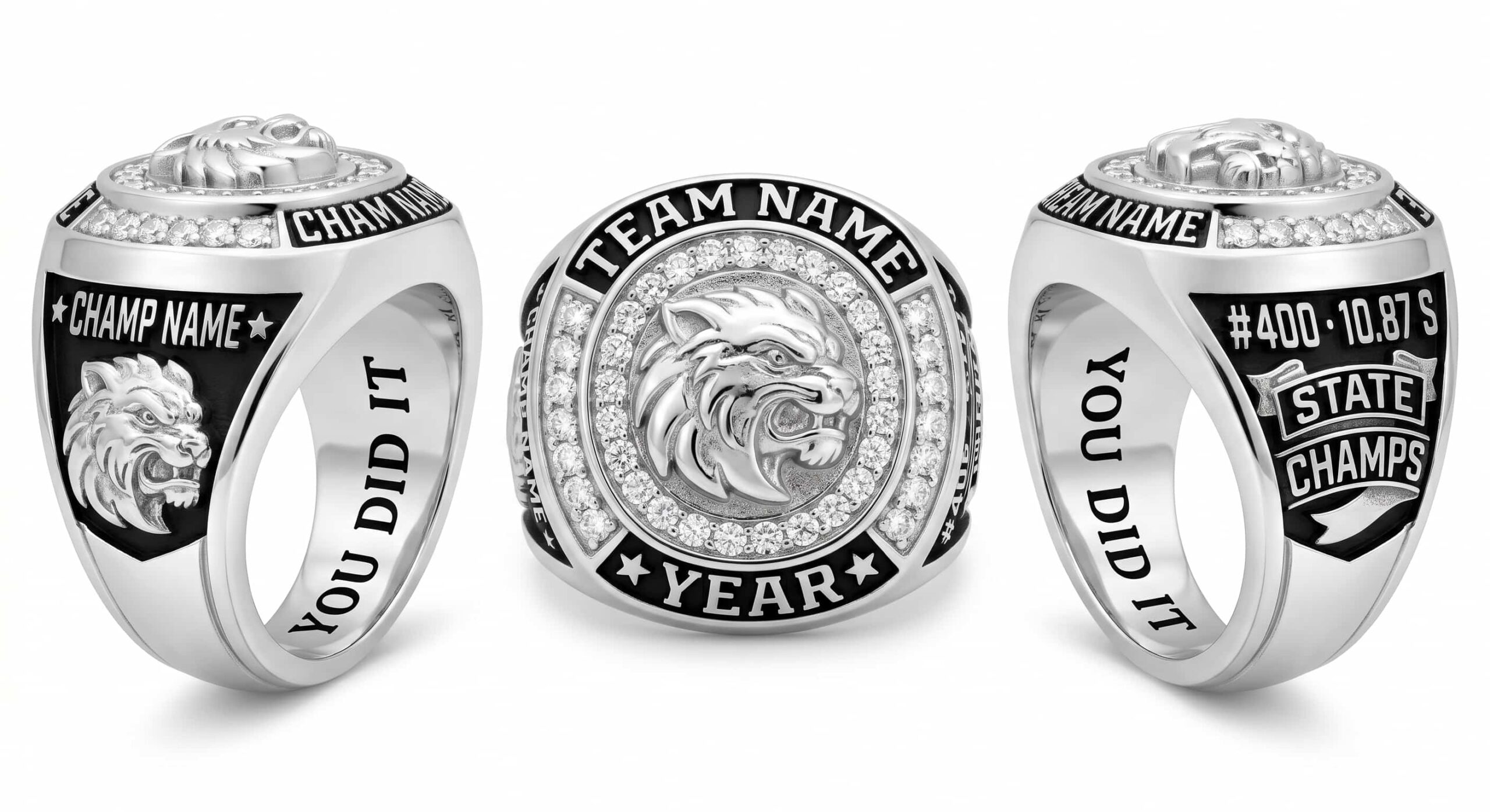 Relay Champion track championship ring mascot crest team colors three-panel view — ClassRingAI