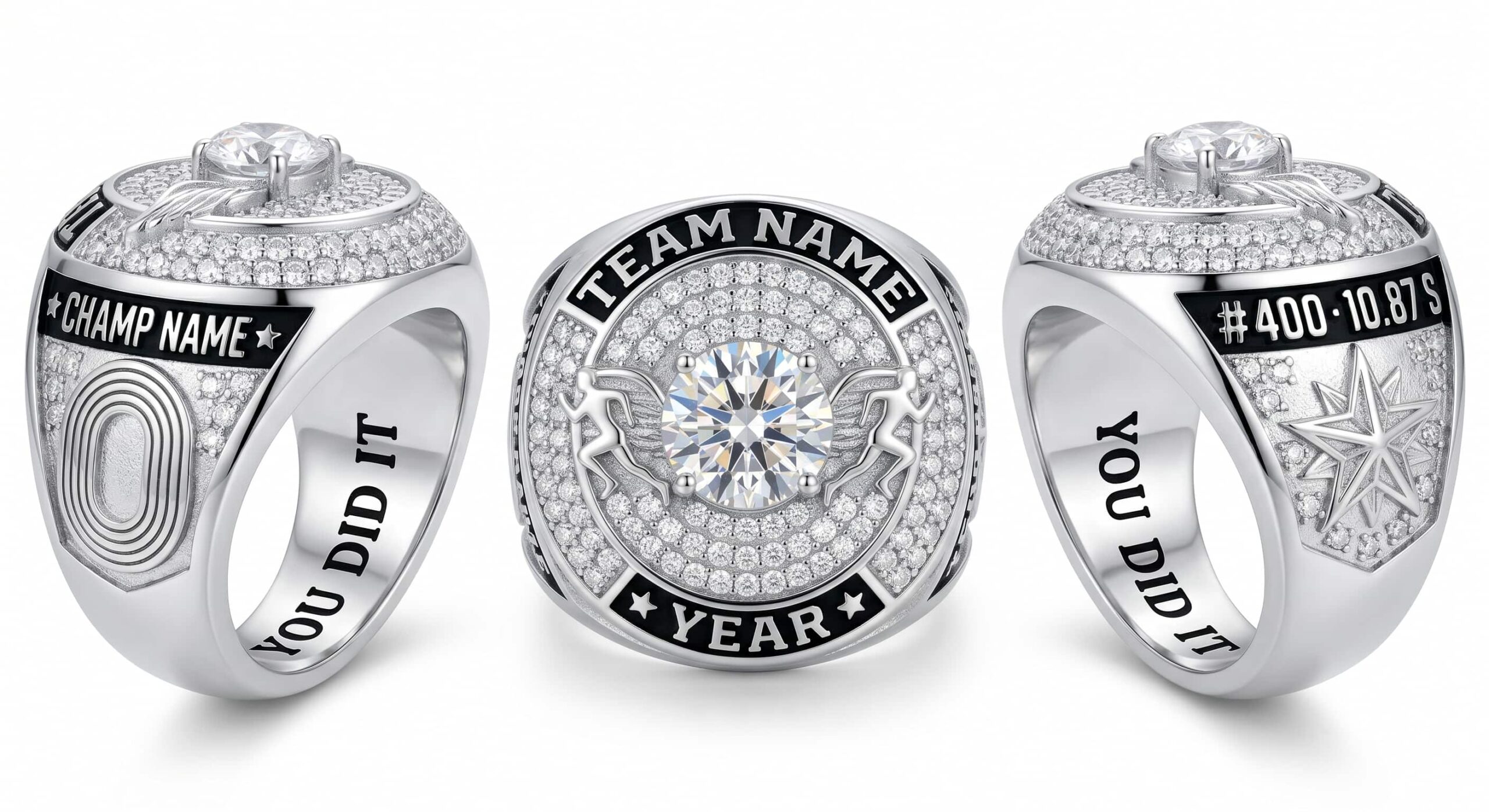 Personal Best luxury track championship ring moissanite ice blue 150 pave crystals three-panel view — ClassRingAI