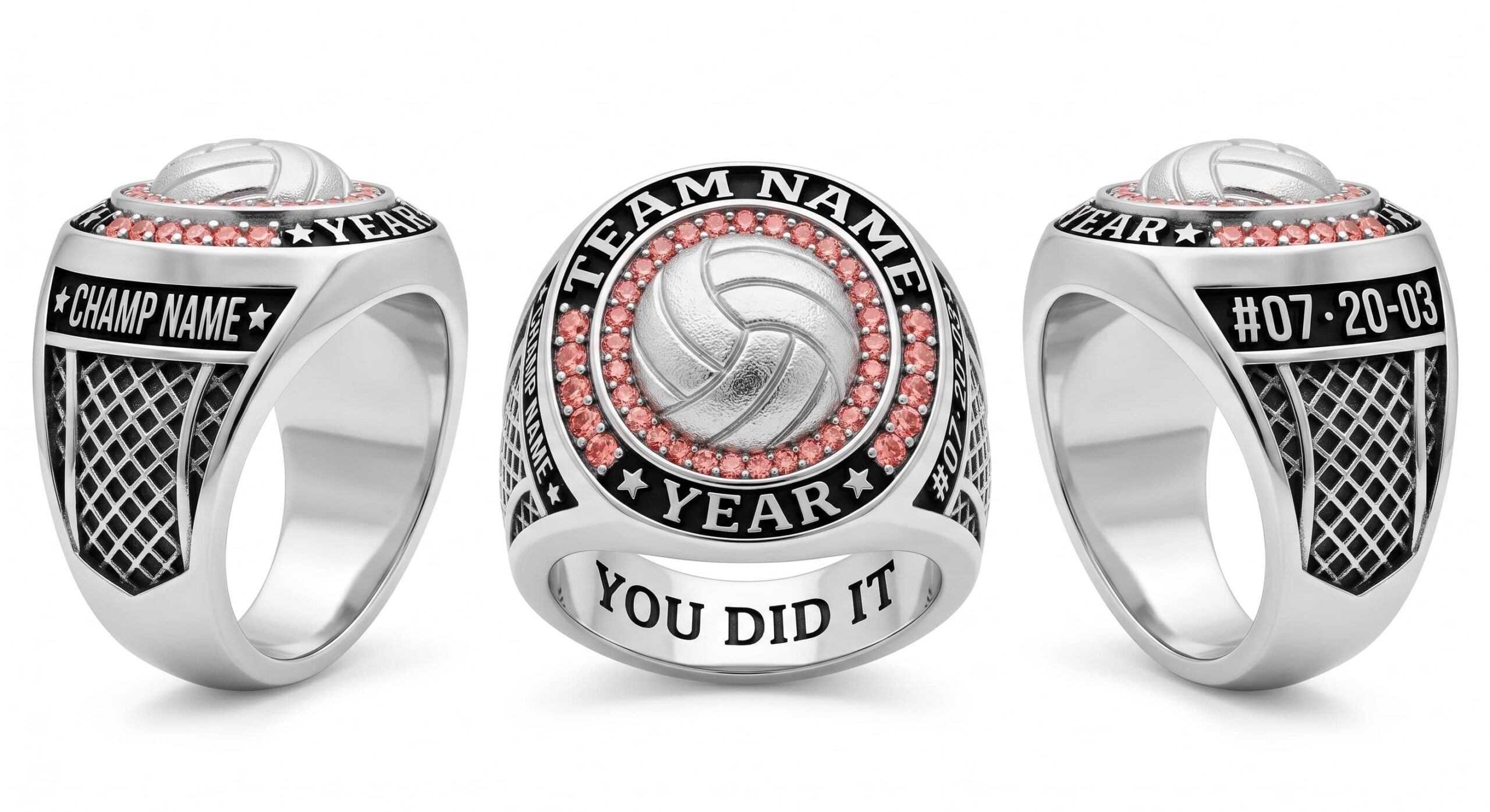 Net King volleyball championship ring 925 silver three-panel view — ClassRingAI