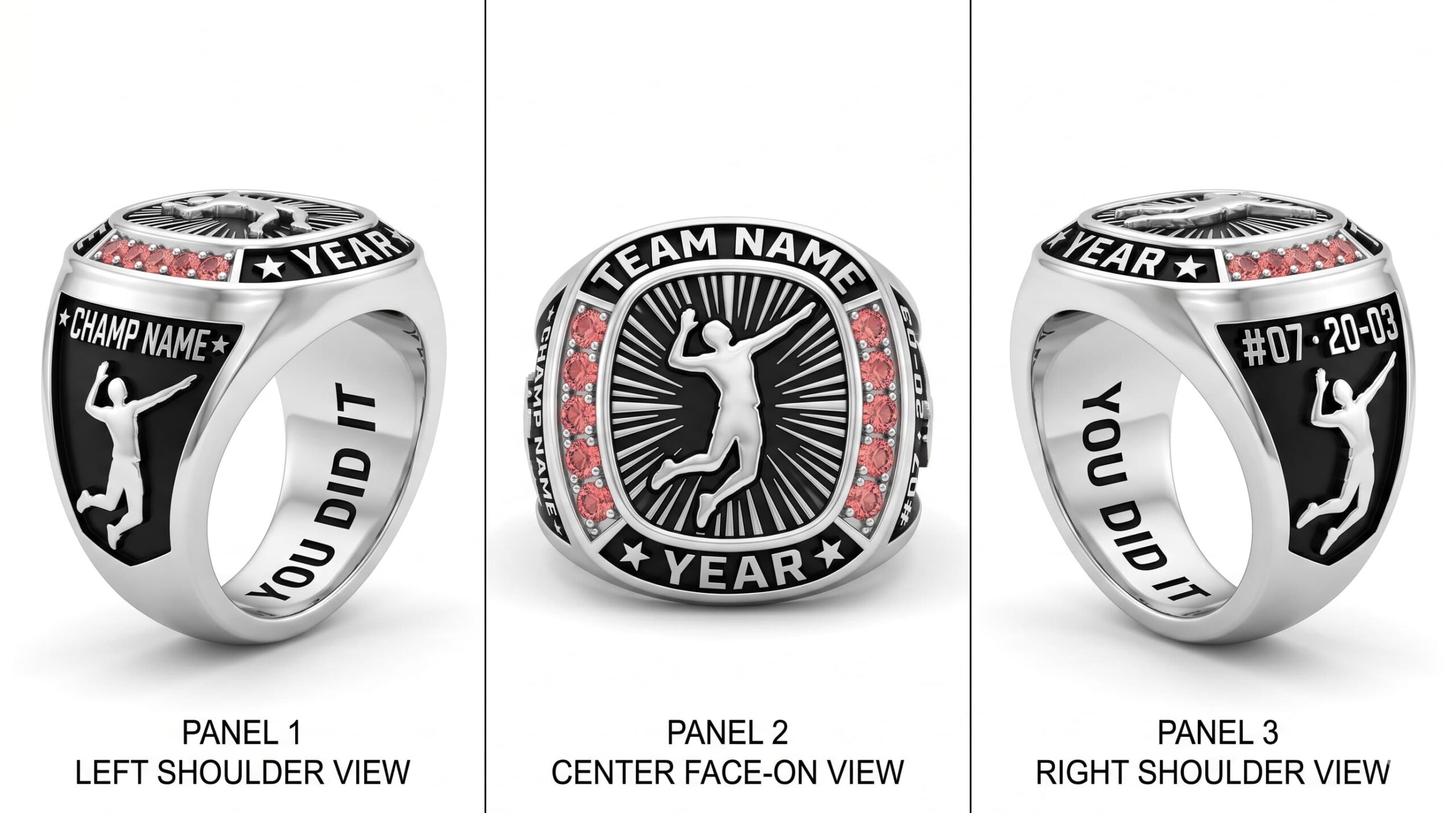 Spike Master volleyball championship ring shield bezel sapphire blue three-panel view — ClassRingAI