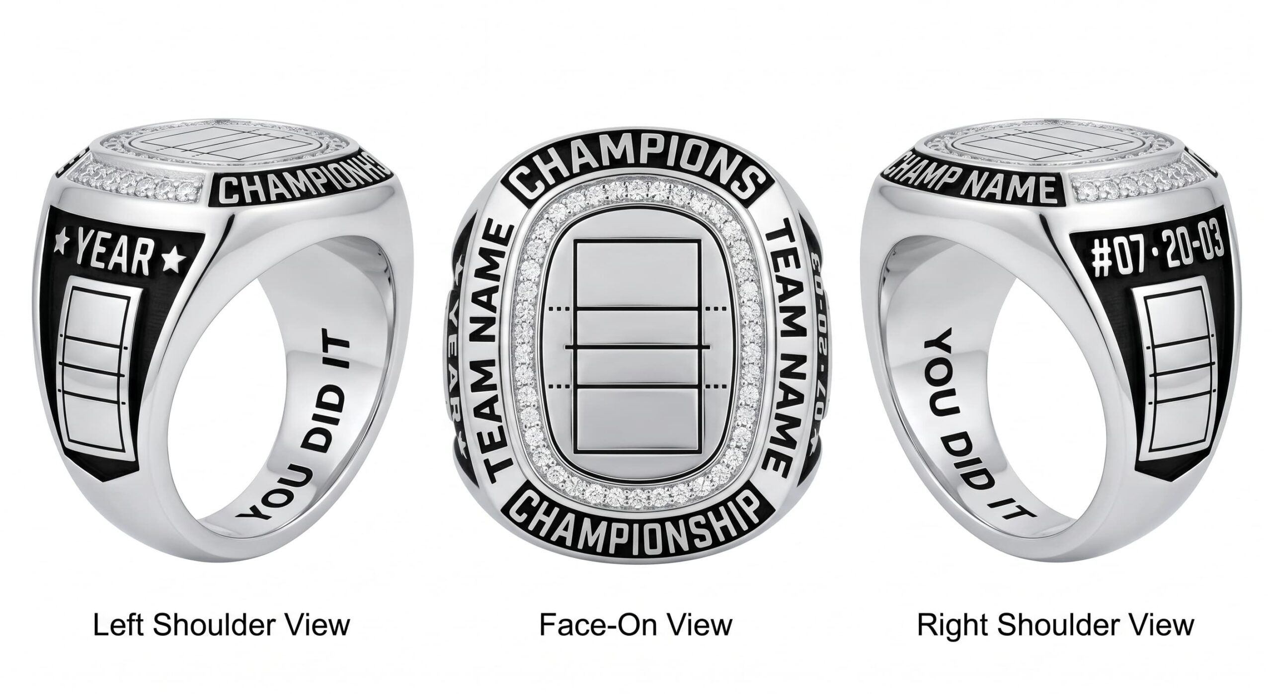 Set Point volleyball championship ring rink layout crystal pave three-panel view — ClassRingAI