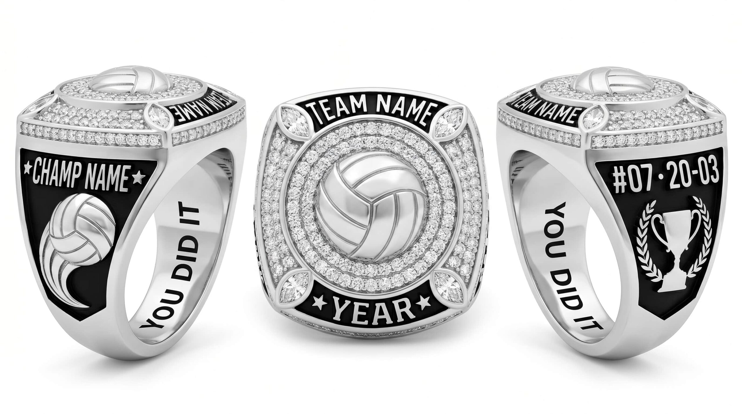 Ace Smash volleyball championship ring full pave white crystal three-panel view — ClassRingAI