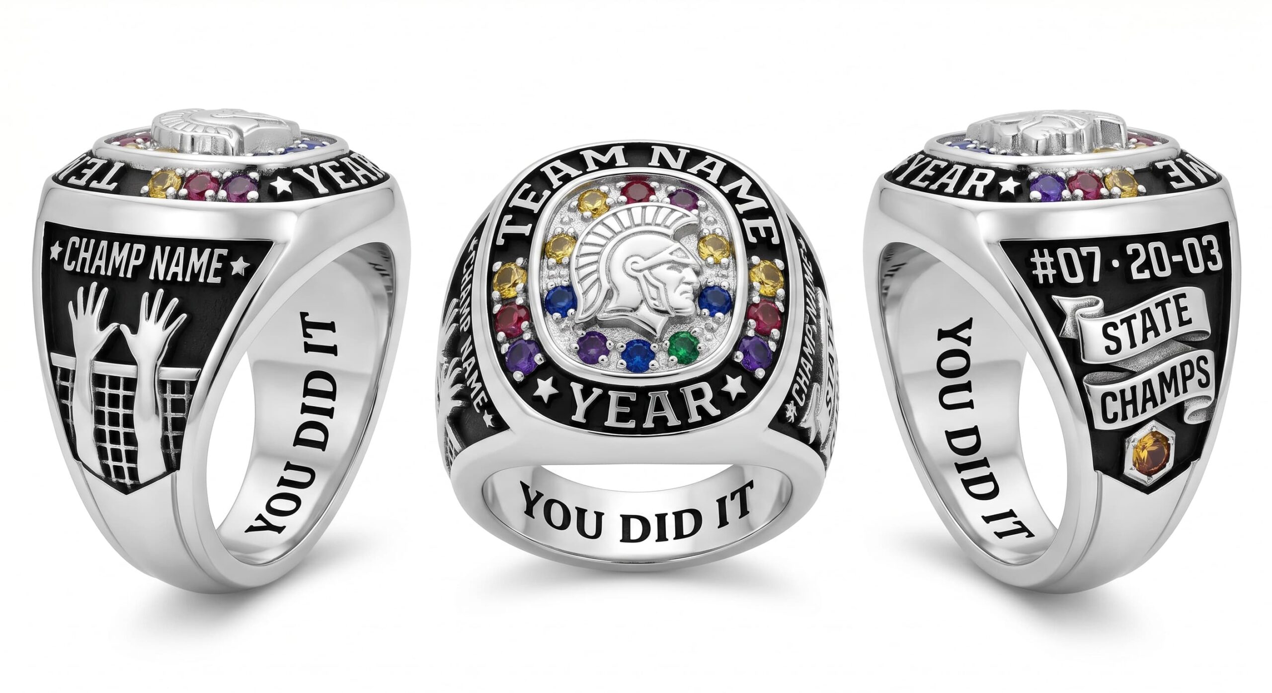 Block Party volleyball championship ring mascot crest team colors three-panel view — ClassRingAI