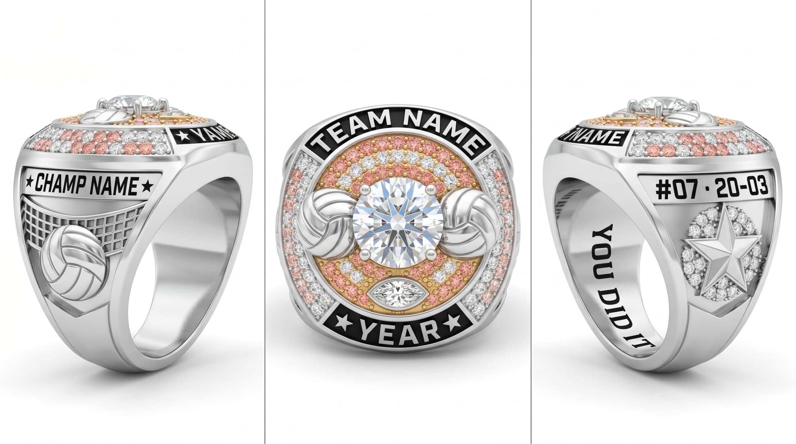 Olympic Setter luxury volleyball championship ring moissanite ice blue 150 pave crystals three-panel view — ClassRingAI
