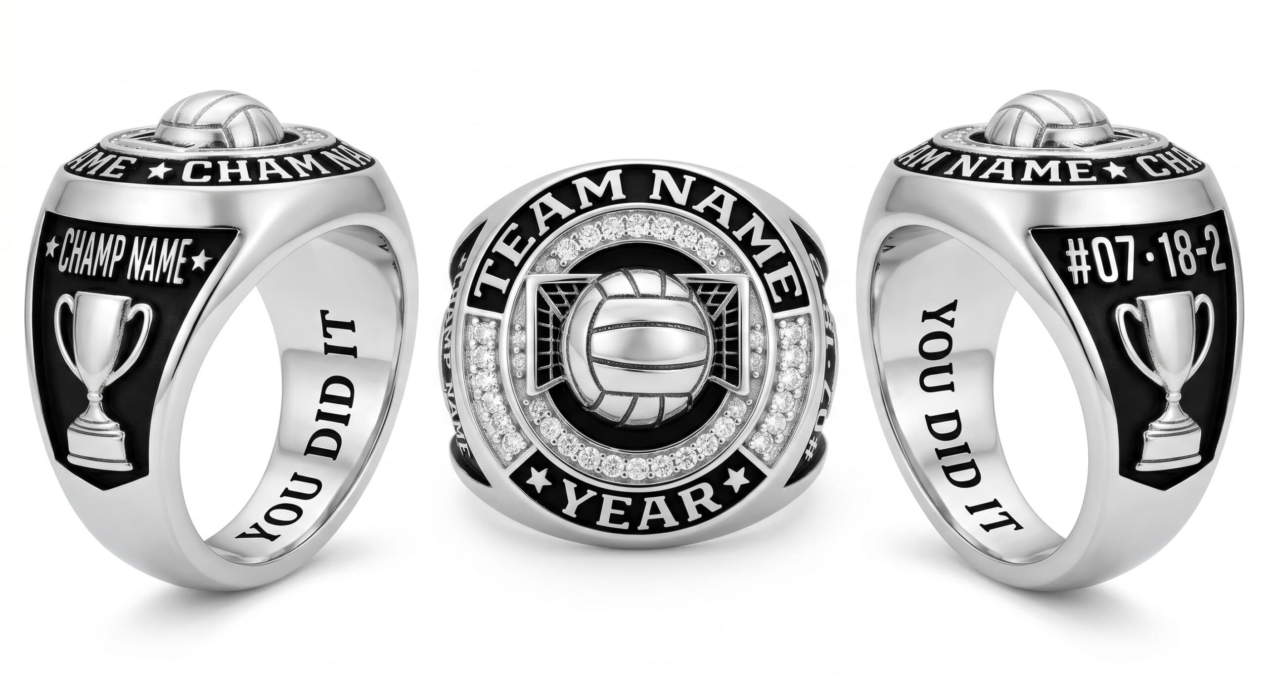 Cage King water polo championship ring 925 silver three-panel view — ClassRingAI