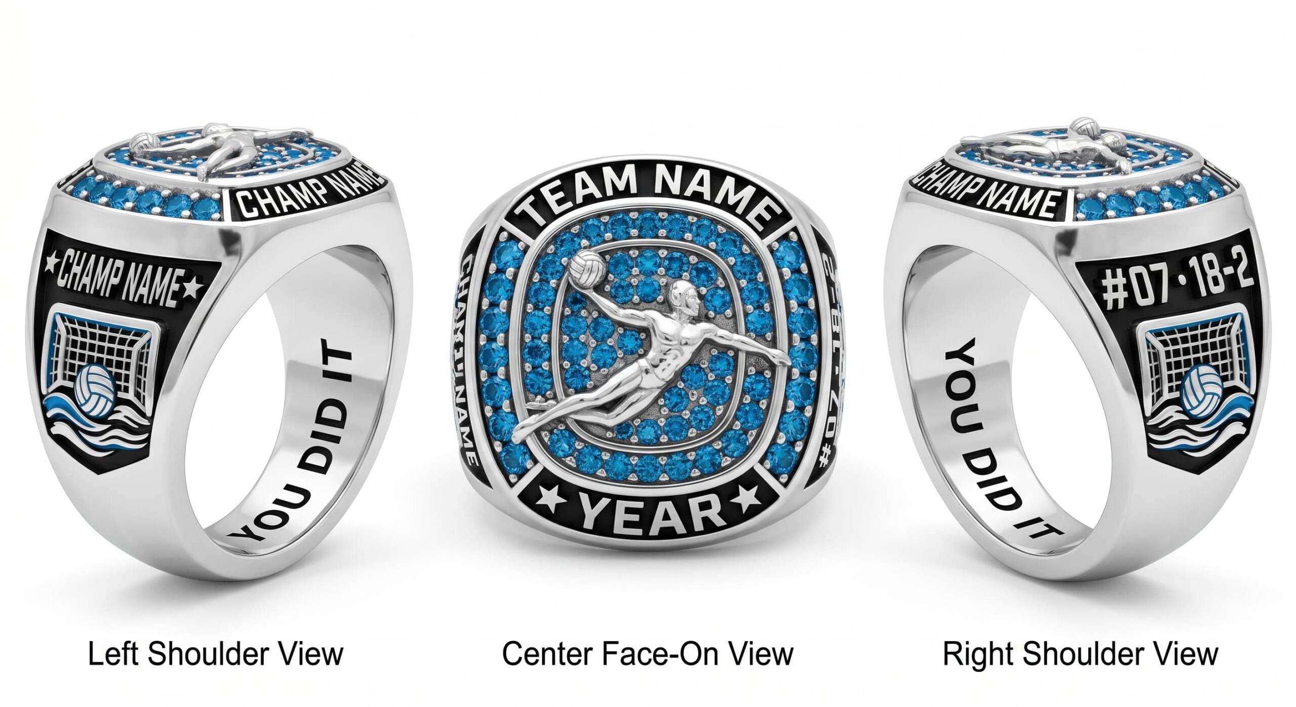 Sprint Master water polo championship ring shield bezel sapphire blue three-panel view — ClassRingAI