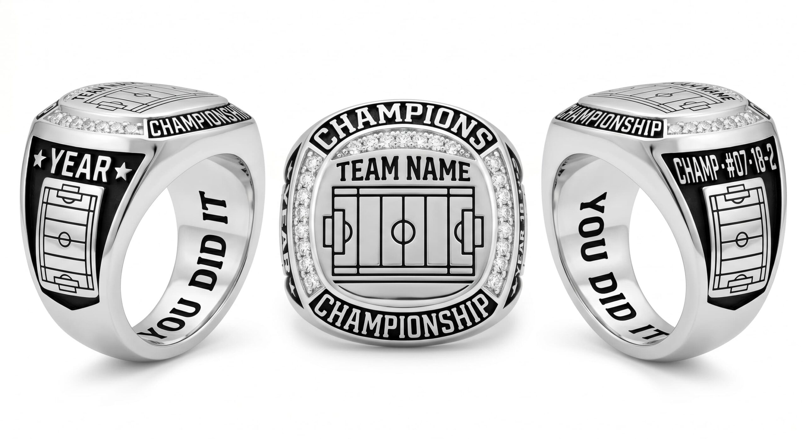 Pool General water polo championship ring rink layout crystal pave three-panel view — ClassRingAI