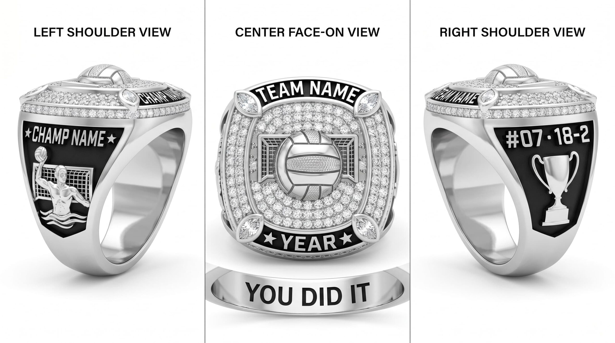 Full Court water polo championship ring full pave white crystal three-panel view — ClassRingAI