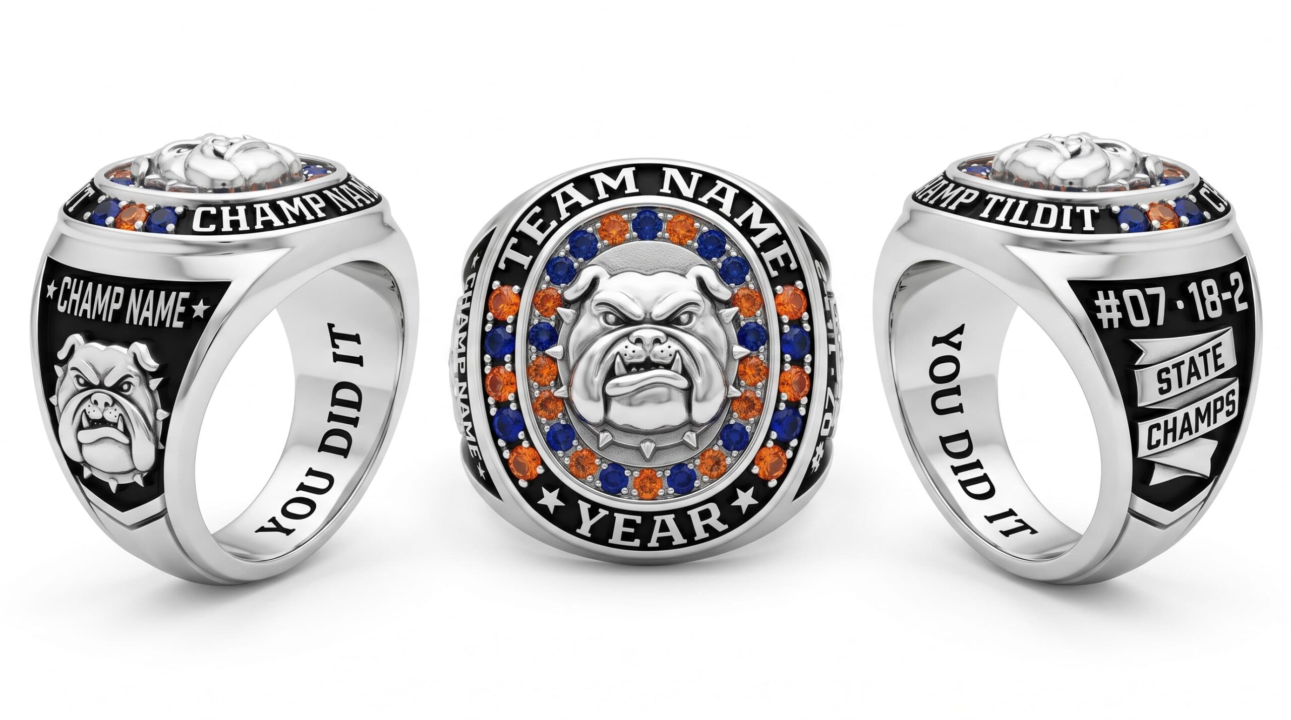 Water Champion water polo championship ring mascot crest team colors three-panel view — ClassRingAI