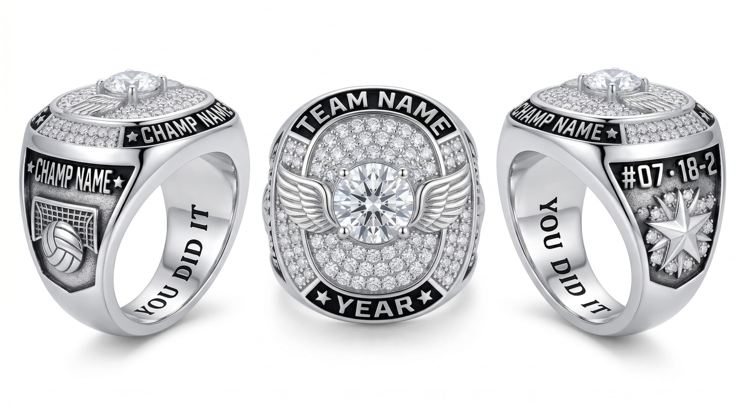 Olympic Wave luxury water polo championship ring moissanite ice blue 150 pave crystals three-panel view — ClassRingAI