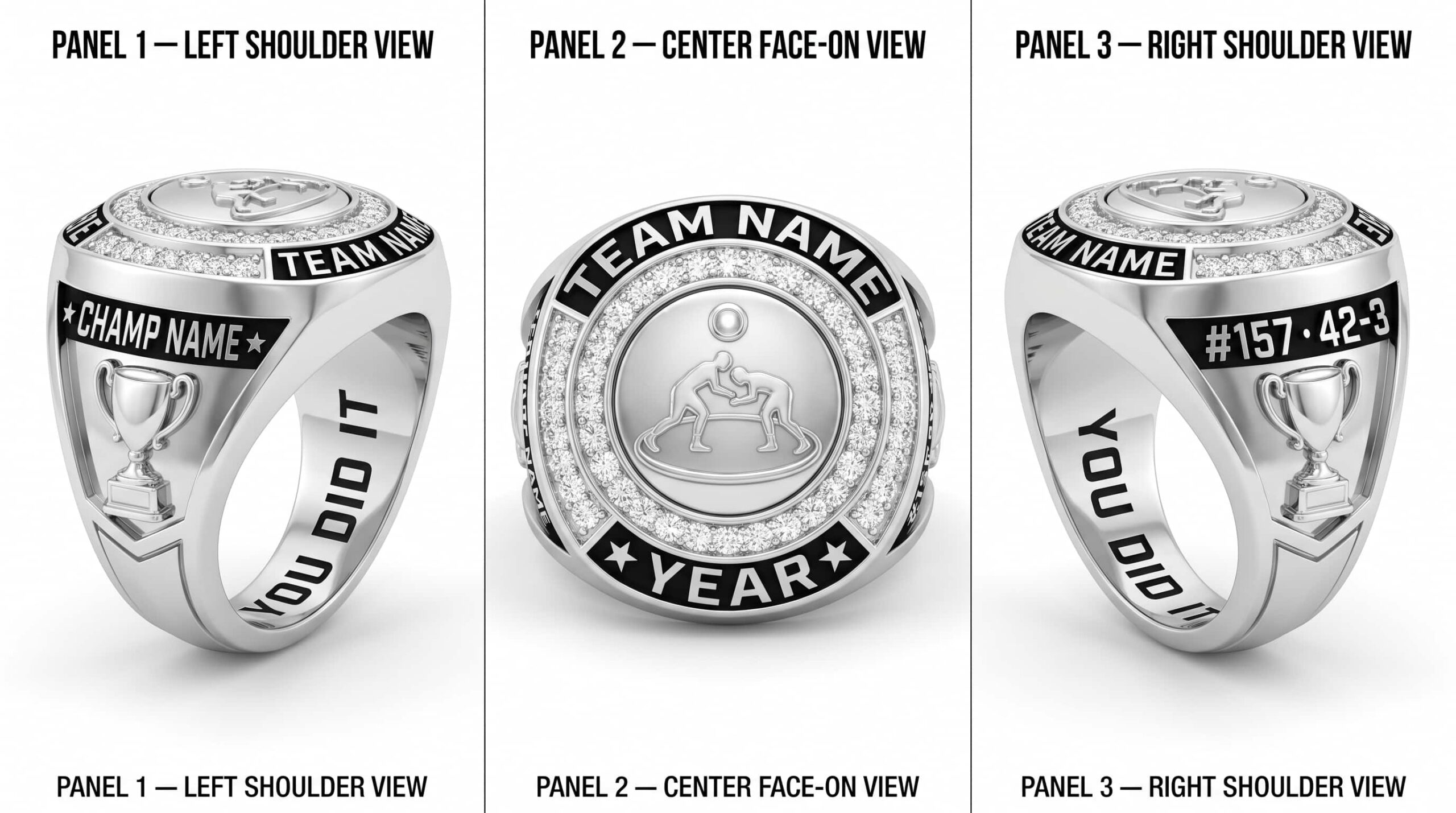 Iron Grip wrestling championship ring 925 silver three-panel view — ClassRingAI