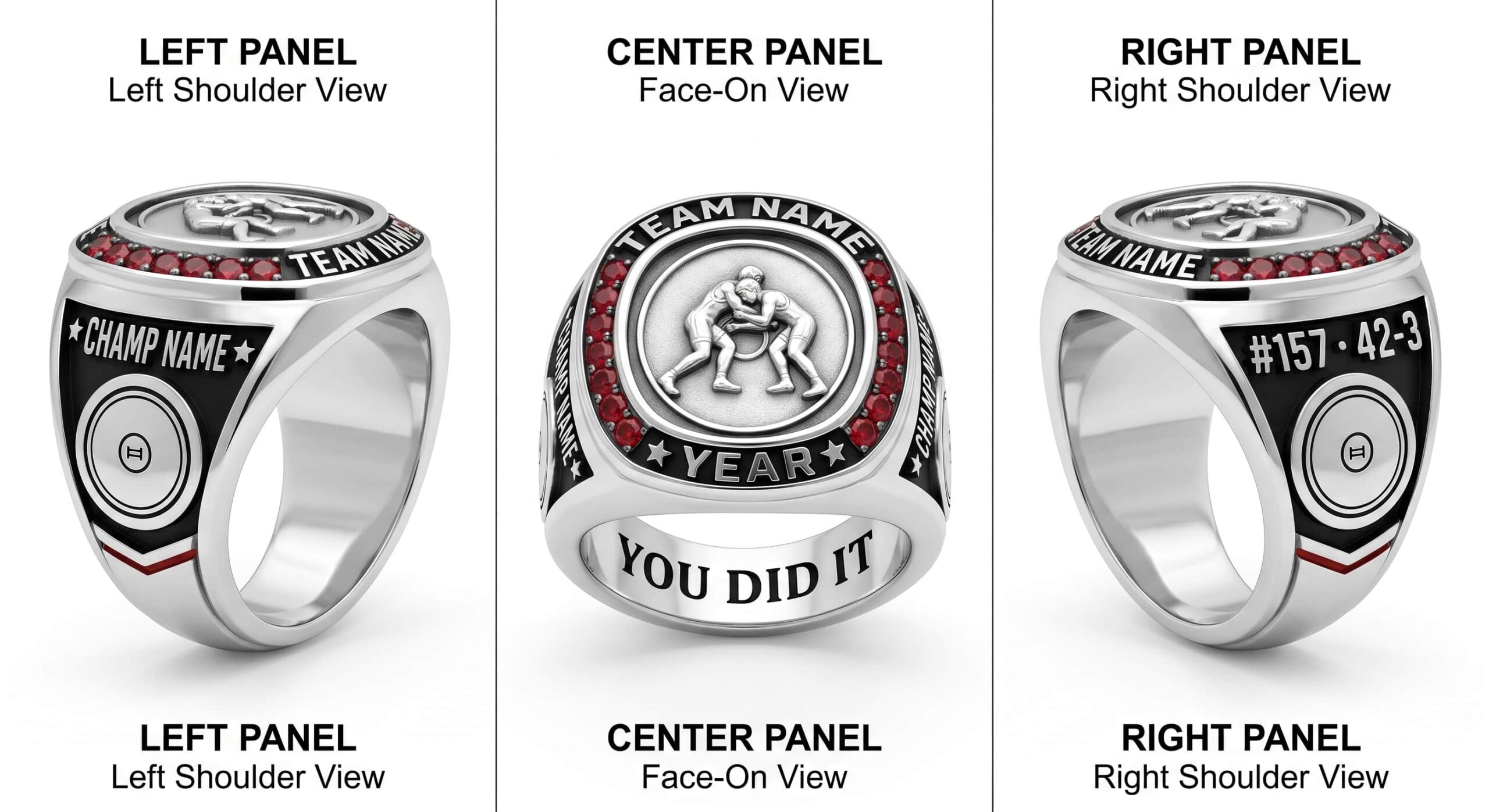 Pinfall Legend wrestling championship ring shield bezel sapphire blue three-panel view — ClassRingAI