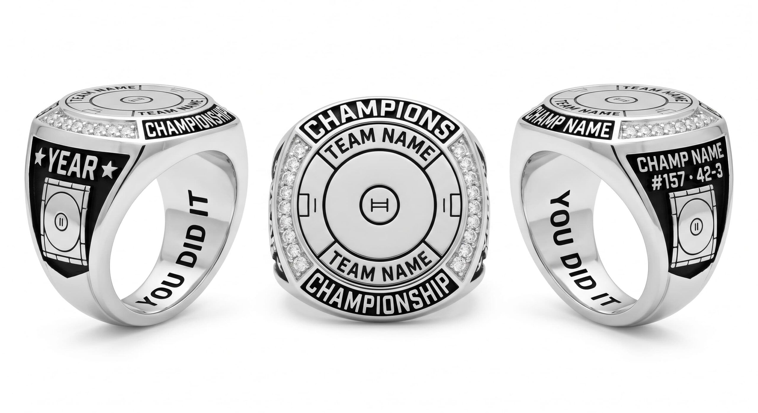 Mat Circle wrestling championship ring rink layout crystal pave three-panel view — ClassRingAI