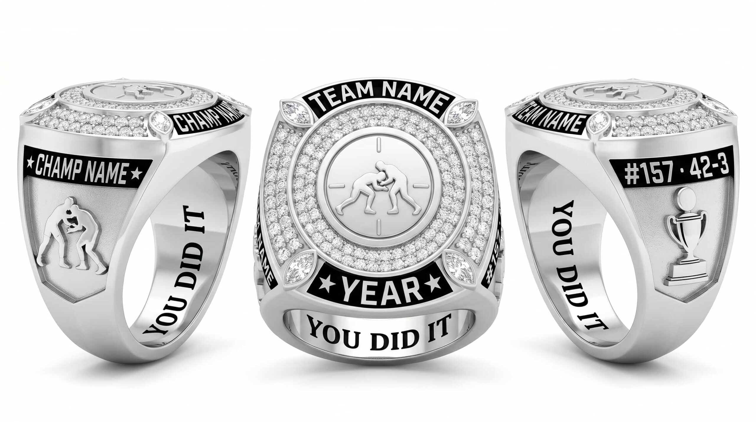 Takedown King wrestling championship ring full pave white crystal three-panel view — ClassRingAI