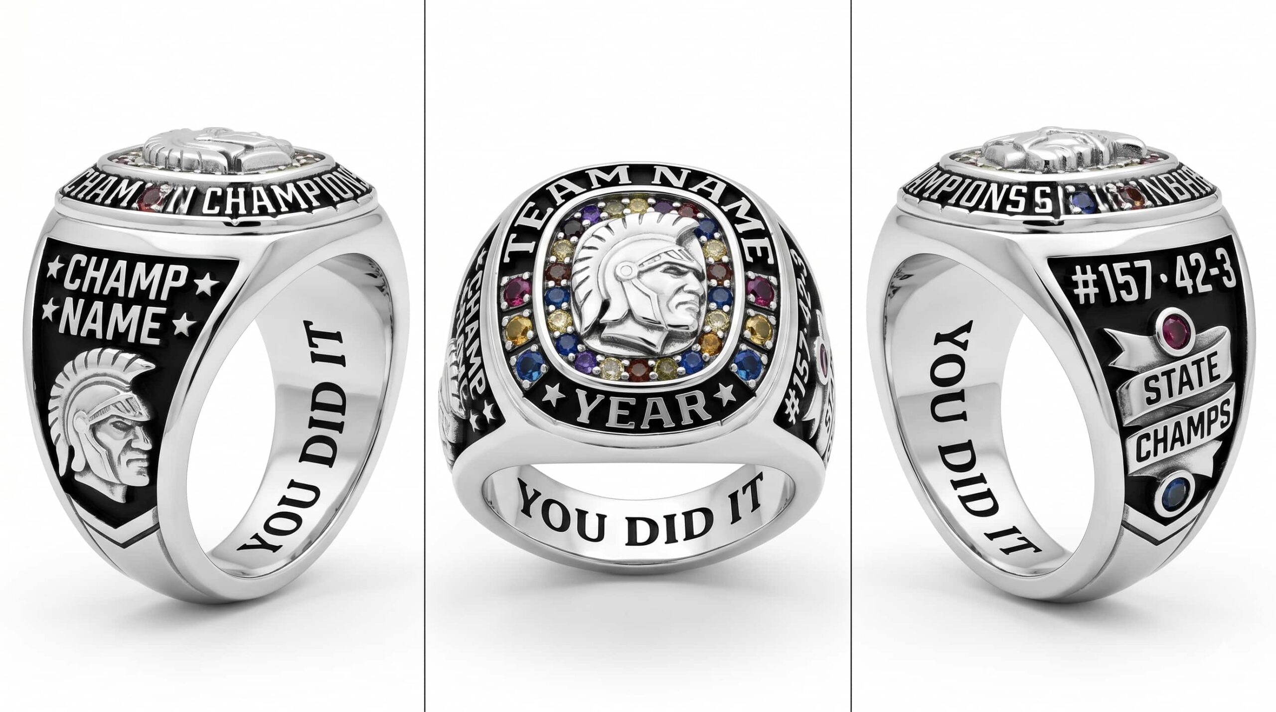 State Champion wrestling championship ring mascot crest team colors three-panel view — ClassRingAI