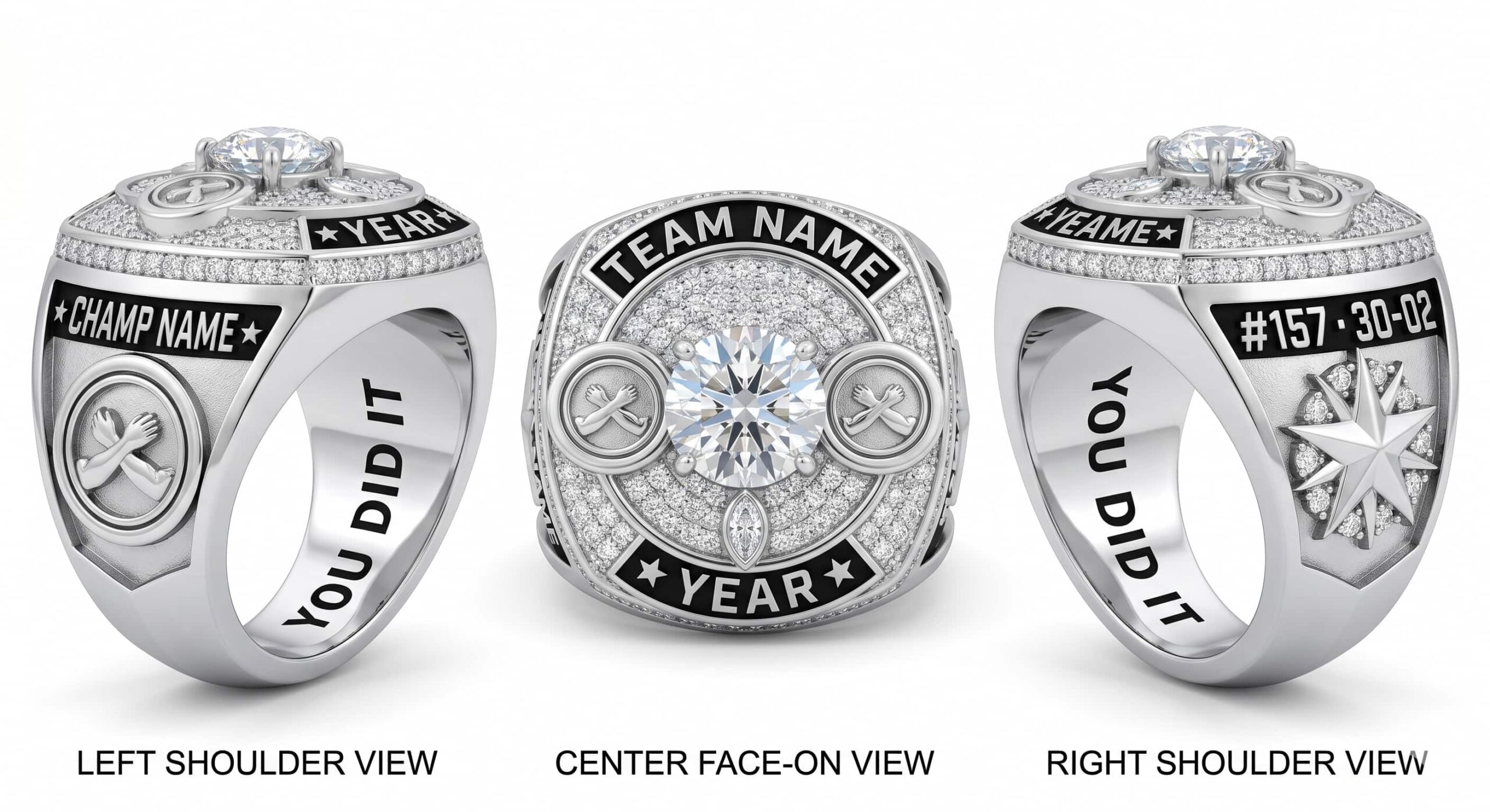 Submission Elite luxury wrestling championship ring moissanite ice blue 150 pave crystals three-panel view — ClassRingAI