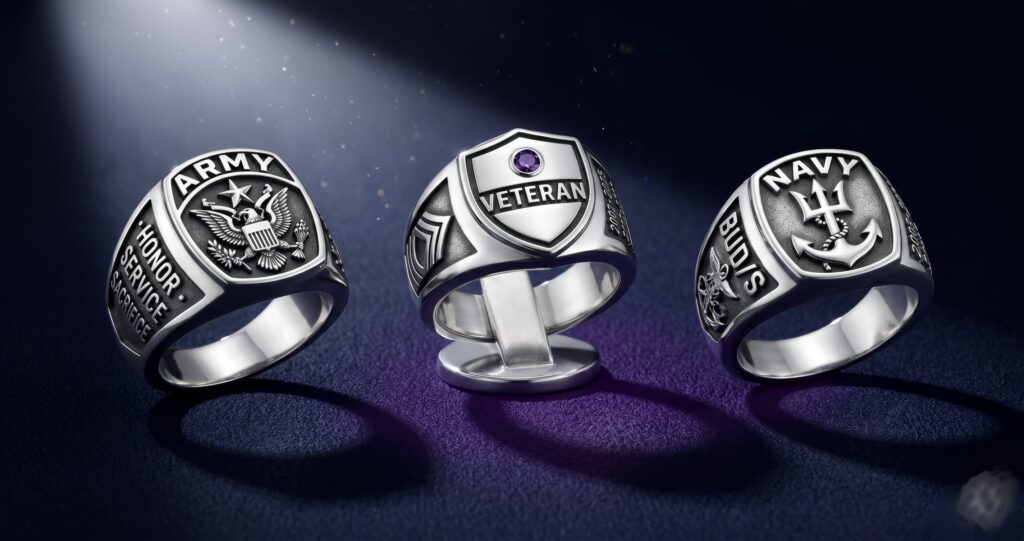 Military rings handcrafted in 925 sterling silver by ClassRingAI — Army, Navy and Veteran designs